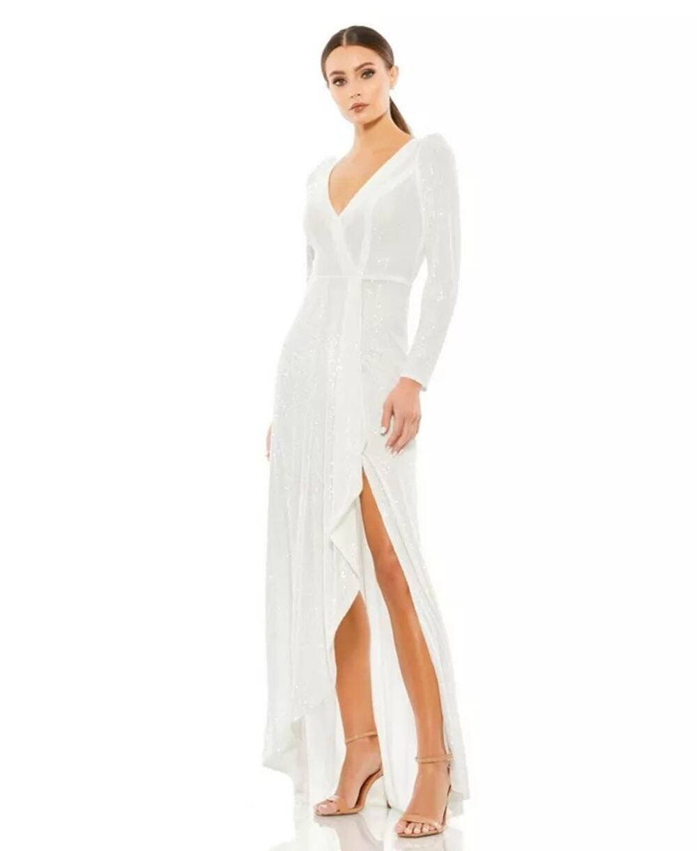 NWT Mac Duggal Ieena White Sequined Faux Wrap Long Sleeve Gown Size 4